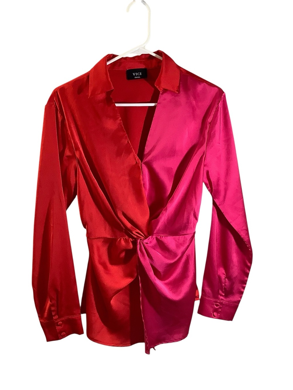 VICI Satin Twist-Front Blouse in Red & Pink